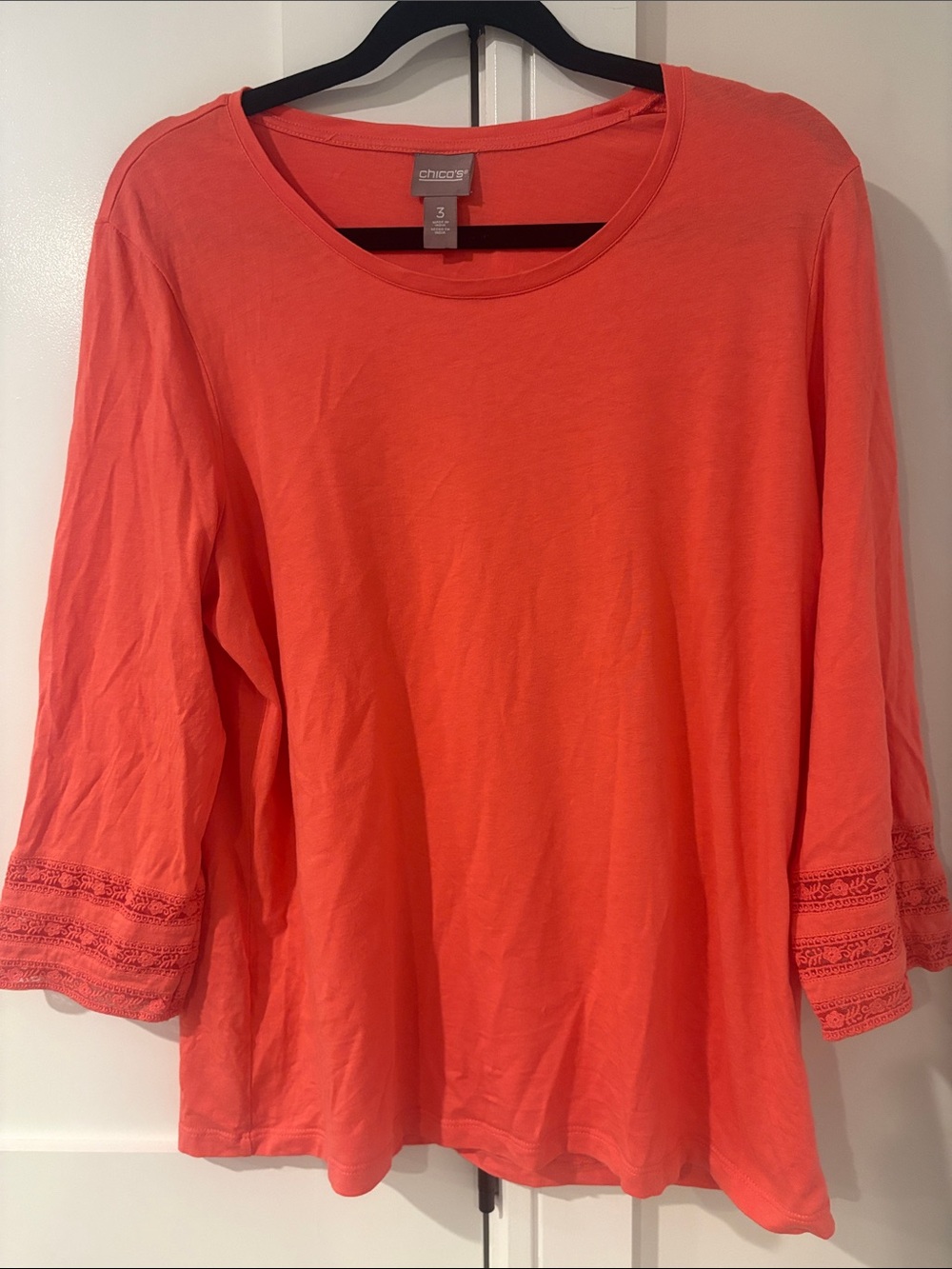Chico's Woman’s Coral Lace-Trim 3/4 Sleeve Scoop-Neck Top Size XL